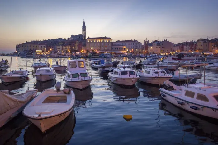 Framed Print : Rovinj, Croatia, Europe. View of the city at dusk from the harbour