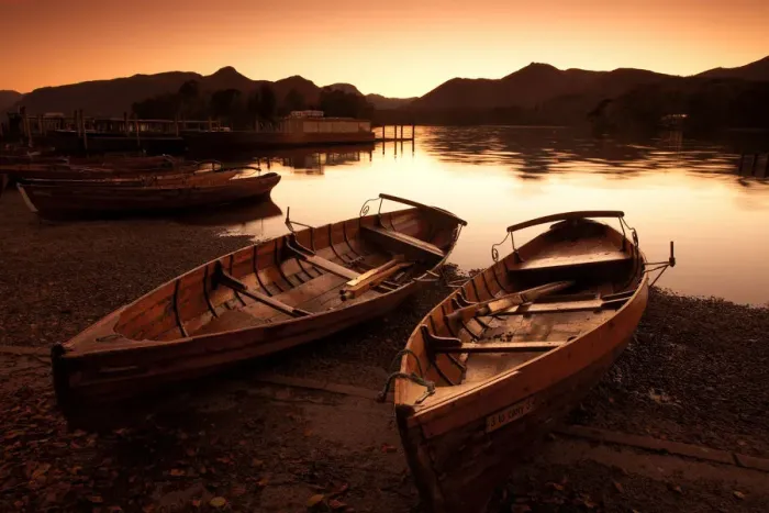 Framed Print : Row Boats along Derwent Water at Sunset, Lake District National Park, Cumbria, England Framed Print : Row Boats along Derwent Water at Sunset, Lake District National Park, Cumbria, England