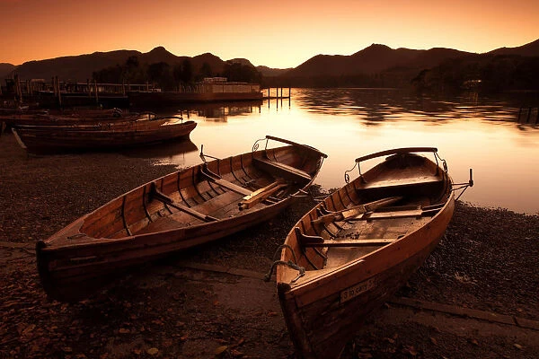 Row Boats along Derwent Water at Sunset, Lake District National Park, Cumbria, England