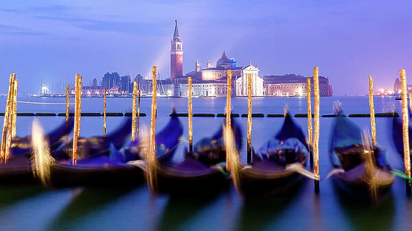 Row of gondolas in front of San Giorgio Maggiore at blue hour, Venice, Veneto, Italy