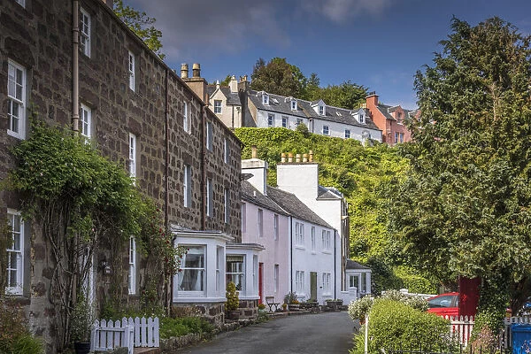 Row of houses in Portee Harbor, Isle of Skye, Highlands, Scotland, Great Britain