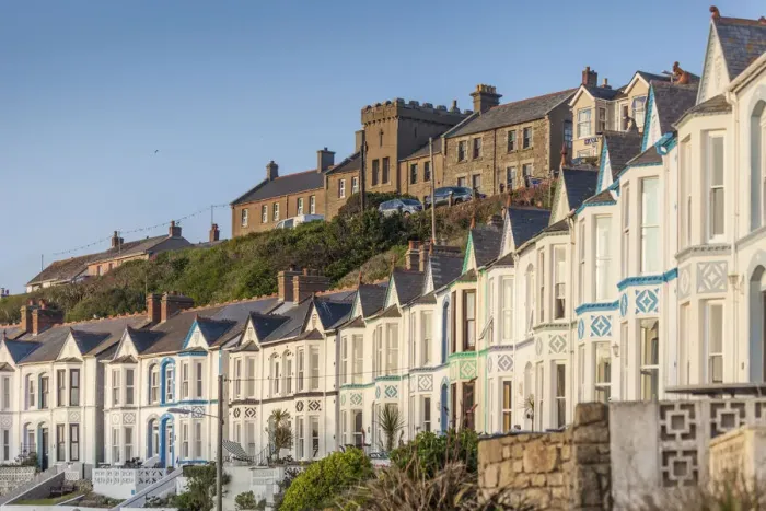 Framed Print : Row of houses on Porthleven harbor, Cornwall, England Framed Print : Row of houses on Porthleven harbor, Cornwall, England