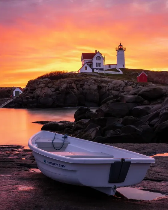 Framed Print : Rowboat and Nubble Lighthouse at sunrise, Cape Neddick, Maine Framed Print : Rowboat and Nubble Lighthouse at sunrise, Cape Neddick, Maine