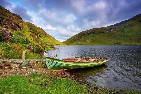 Rowing boat at Doo Lough, Doolough Valley, Wild Atlantic Way, Co Mayo, Republic of Ireland, Europe