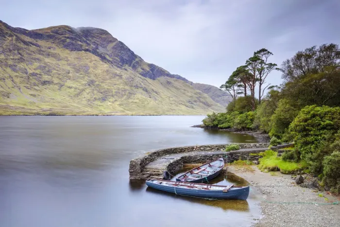 Framed Print : Rowing boats moored up on Doo Lough Lake, County Mayo, Connacht province Framed Print : Rowing boats moored up on Doo Lough Lake, County Mayo, Connacht province
