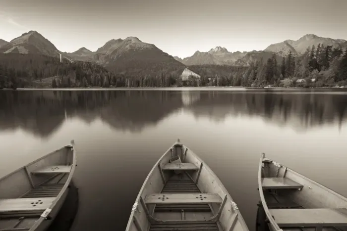 Framed Print : Rowing boats and mountains beneath a twilight sky, Strbske Pleso Lake in the High Tatras Framed Print : Rowing boats and mountains beneath a twilight sky, Strbske Pleso Lake in the High Tatras