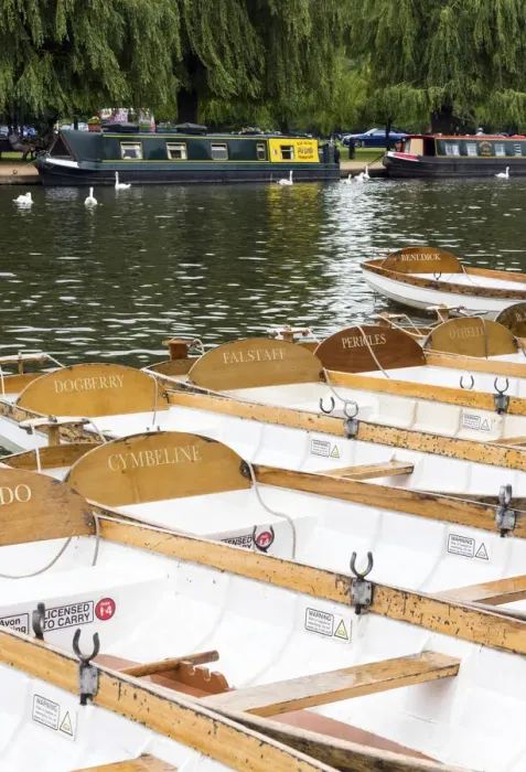 Framed Print : Rowing boats named after Shakespearean characters on the River Avon at Stratford-upon-Avon, Warwickshire, England