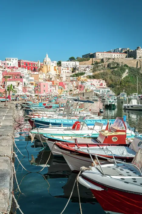 Framed Print : Rows of fishing boats moored in the harbor of Procida island, Gulf of Naples, Campania, Italy Framed Print : Rows of fishing boats moored in the harbor of Procida island, Gulf of Naples, Campania, Italy