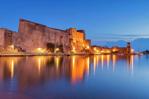 Royal Castle of Collioure at Night Reflecting in Bay, Pyrenees-Orientales, France