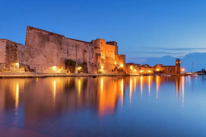 Framed Print : Royal Castle of Collioure at Night Reflecting in Bay, Pyrenees-Orientales, France Framed Print : Royal Castle of Collioure at Night Reflecting in Bay, Pyrenees-Orientales, France