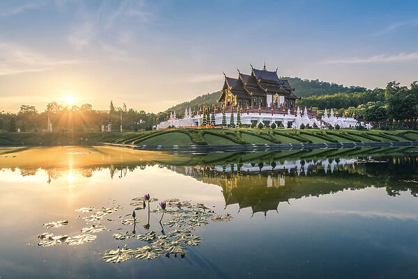 Royal Park Rajapruek, Chiang Mai, Thailand. Royal Pavilion at sunset