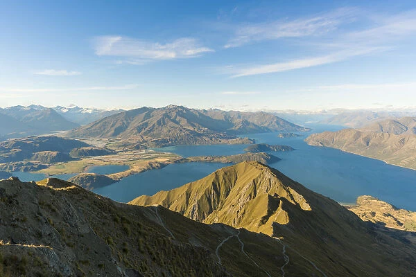 Roys Peak Lookout and Lake Wanaka seen from Roys Peak. Wanaka, Queenstown Lakes district