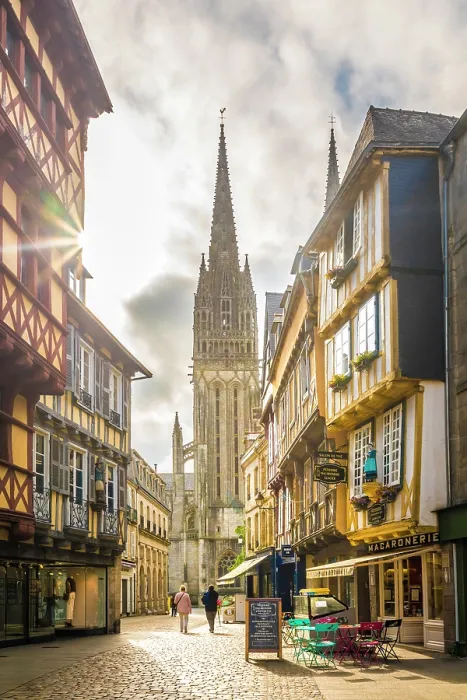 Framed Print : Rue Kereon with view of Saint-Corentin Cathedral, Quimper, Finistere, Brittany, France