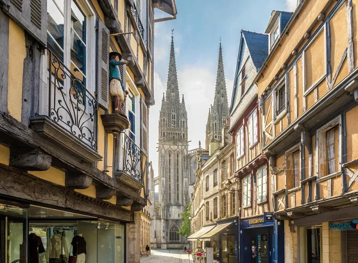 Framed Print : Rue Kereon with view of Saint-Corentin Cathedral, Quimper, Finistere, Brittany, France Framed Print : Rue Kereon with view of Saint-Corentin Cathedral, Quimper, Finistere, Brittany, France
