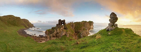 Ruins of Kinbane Castle at sunrise, Kinbane head, Ballycastle, Causeway coastel route, north coast of Ireland, County Antrim, Northern Ireland, UK, Europe