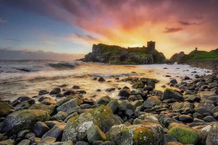 Framed Print : Ruins of Kinbane Castle at sunrise, Kinbane head, Ballycastle, Causeway coastel route, north coast of Ireland, County Antrim, Northern Ireland, UK, Europe