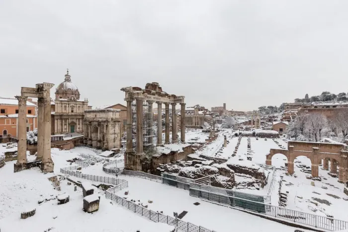 Framed Print : Ruins of Roman Forum covered by the snow after the great snowfall of Rome in 2018 Europe Framed Print : Ruins of Roman Forum covered by the snow after the great snowfall of Rome in 2018 Europe