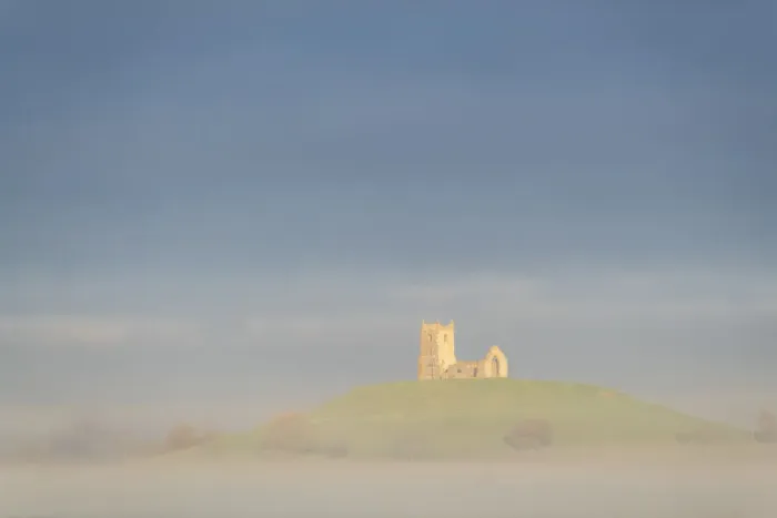Framed Print : The ruins of St Michaels Church on a misty morning on the Somerset Levels, Burrow Mump, Burrowbridge, Somerset. Englnad, Autumn (November) 2021