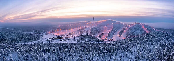 Ruka ski resort during the cold arctic sunset, Kuusamo, Northern Ostrobothnia, Lapland, Finland