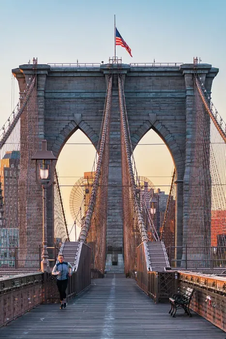 Framed Print : running on New York City Brooklyn Bridge at Sunrise, USA