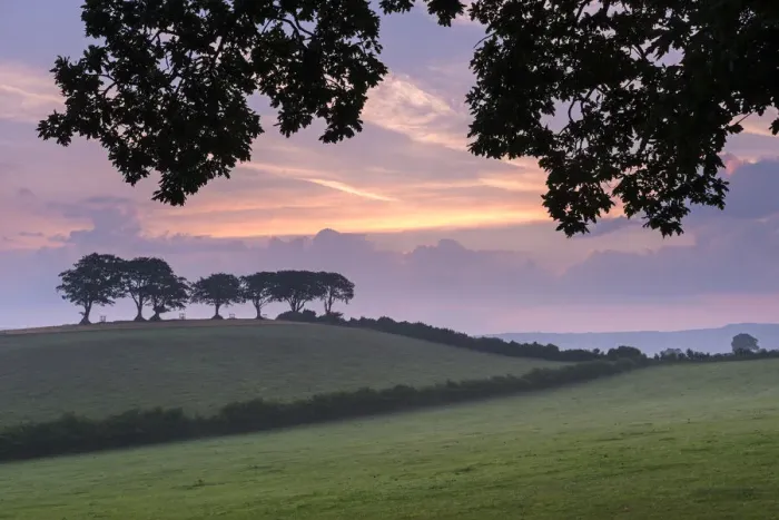Framed Print : Rural countryside views at sunrise, Luccombe, Exmoor National Park, Somerset, England