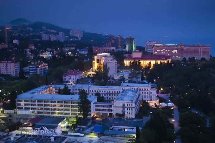 Framed Print : Russia, Black Sea Coast, Sochi, elevated view of central Sochi, dusk Framed Print : Russia, Black Sea Coast, Sochi, elevated view of central Sochi, dusk