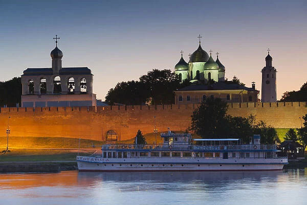 Russia, Novgorod Oblast, Veliky Novgorod, Novgorod Kremlin from the Volkhov River