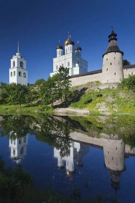 Framed Print : Russia, Pskovskaya Oblast, Pskov, Pskov Kremlin and Trinity Cathedral reflected in Framed Print : Russia, Pskovskaya Oblast, Pskov, Pskov Kremlin and Trinity Cathedral reflected in