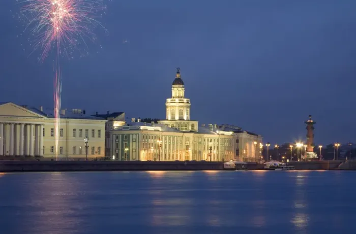 Framed Print : Russia, St. Petersburg; Across the Neva River with the Kunstkamera and a Rostral column while fireworks are Framed Print : Russia, St. Petersburg; Across the Neva River with the Kunstkamera and a Rostral column while fireworks are