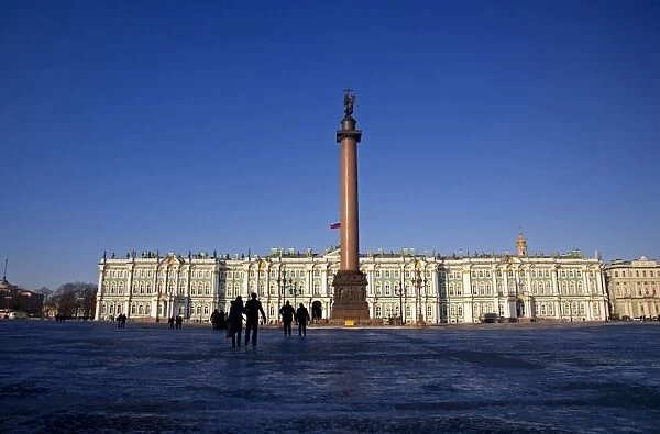 Russia, St. Petersburg; People standing in front of the State Hermitage Museum