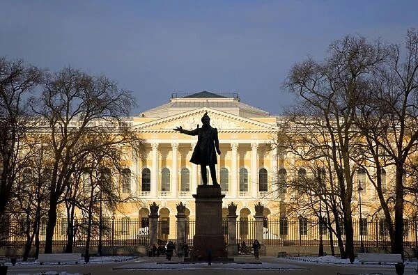 Russia, St. Petersburg; A sculpture of Russian Poet Alexander Pushkin, standing on Pushkinskaya Street