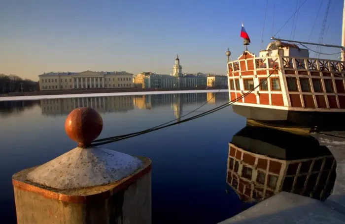 Framed Print : Russia, St. Petersburg; A wooden ship at pier on the partly frozen Neva River with the Kunstkamera in Framed Print : Russia, St. Petersburg; A wooden ship at pier on the partly frozen Neva River with the Kunstkamera in