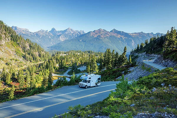 RV and the beautiful mountain scenery in North Cascades National Park, Washington, USA