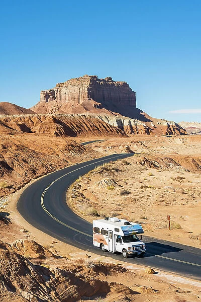 RV on a road in Goblin Valley State Park Utah, USA