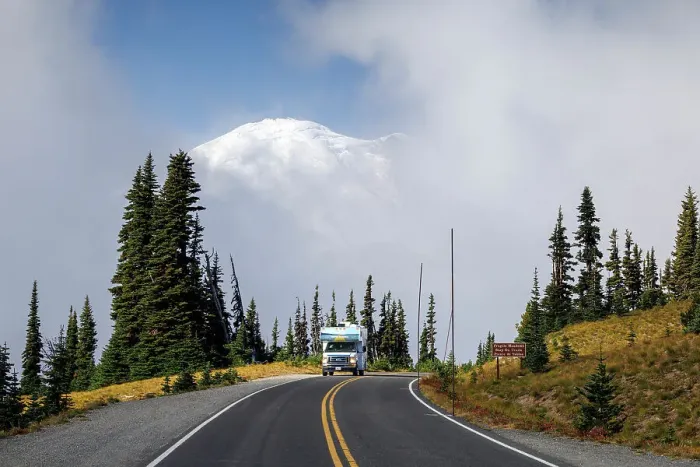 Framed Print : RV on road with Mount Rainier beyond, Sunrise, Mount Rainier National Park, Washington, USA Framed Print : RV on road with Mount Rainier beyond, Sunrise, Mount Rainier National Park, Washington, USA