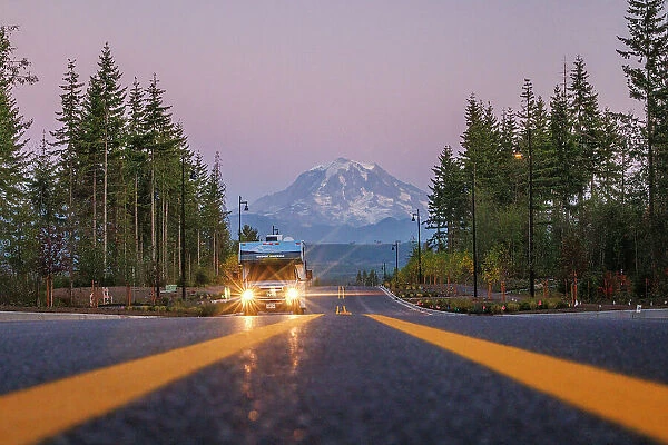 RV on a road to Rainier, Mount Rainier National Park, Washington, USA