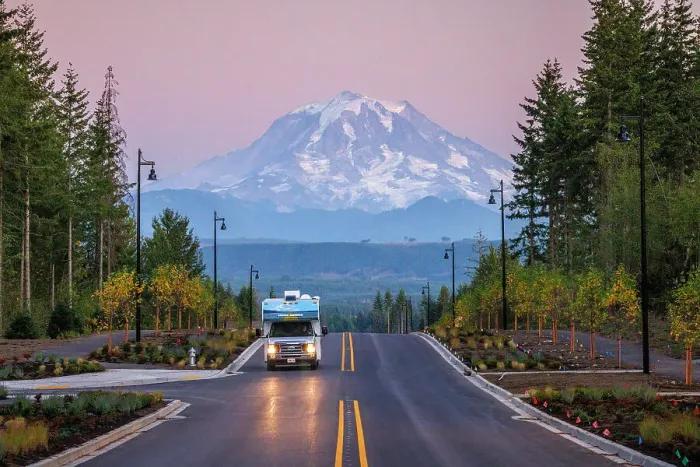 Framed Print : RV on a road to Rainier, Mount Rainier National Park, Washington, USA Framed Print : RV on a road to Rainier, Mount Rainier National Park, Washington, USA