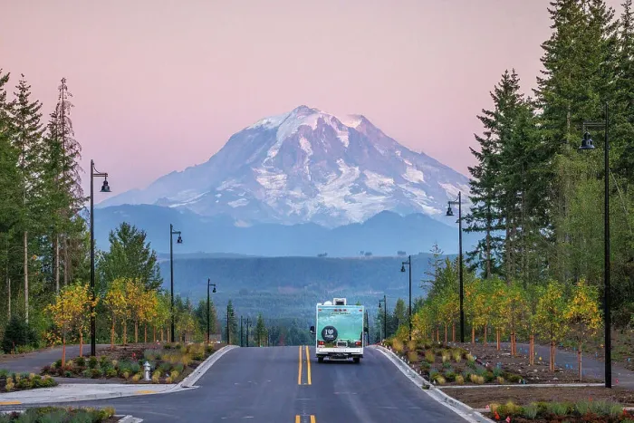 Framed Print : RV on a road to Rainier, Mount Rainier National Park, Washington, USA Framed Print : RV on a road to Rainier, Mount Rainier National Park, Washington, USA
