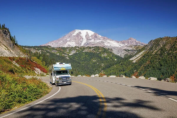 RV on a road to Rainier, Mount Rainier National Park, Washington, USA