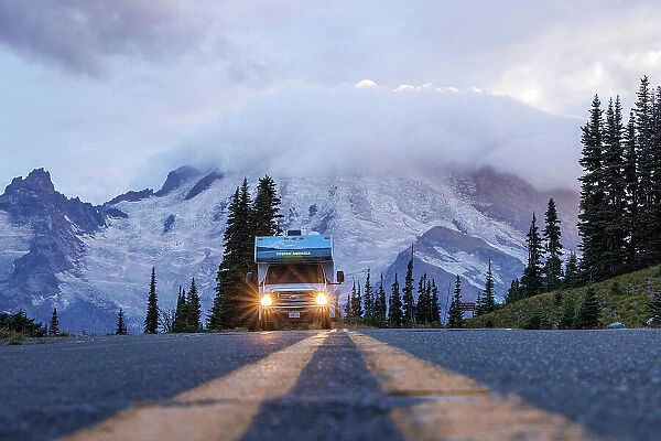 RV on a road to Rainier, Sunrise, Mount Rainier National Park, Washington, USA