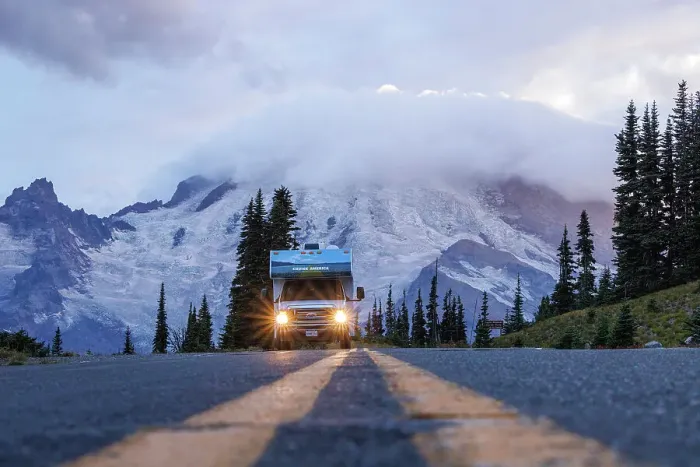Framed Print : RV on a road to Rainier, Sunrise, Mount Rainier National Park, Washington, USA Framed Print : RV on a road to Rainier, Sunrise, Mount Rainier National Park, Washington, USA