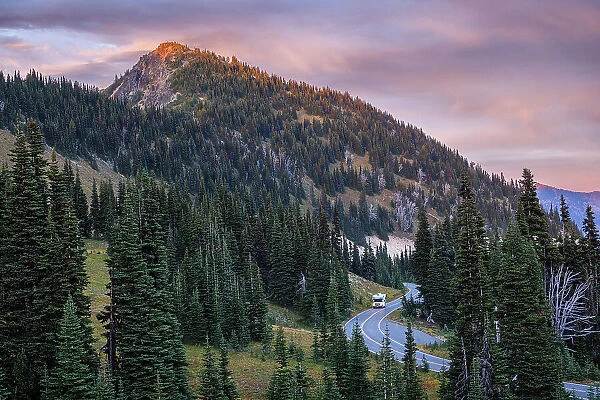 RV on a road trip, Sunrise, Mount Rainier National Park, Washington, USA