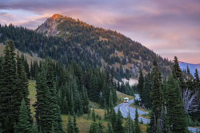Framed Print : RV on a road trip, Sunrise, Mount Rainier National Park, Washington, USA Framed Print : RV on a road trip, Sunrise, Mount Rainier National Park, Washington, USA