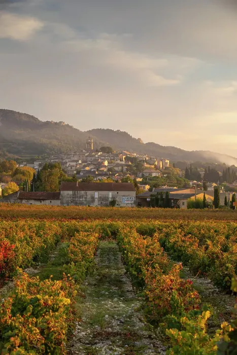 Framed Print : Sablet and the Dentelles de Montmirail mountains beyond, Cote du Rhone, Vaucluse, Provence, France