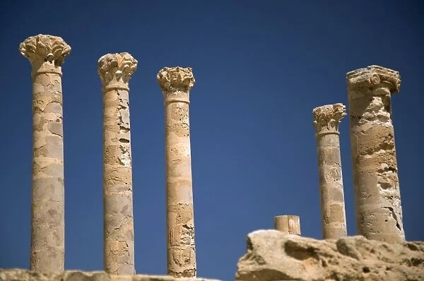 Sabratha, Libya; Columns Remains from at the Ancient Roman City of Sabratha lying just off the Mediterranean