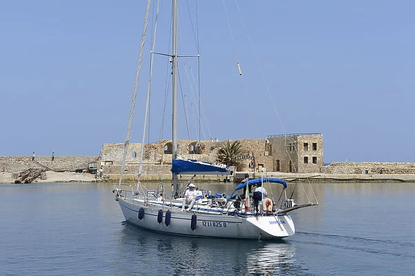 Sailboat in the ancient port of Ra thimnon, Crete, Greece, Europe