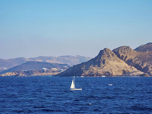 Sailboat by the coast of Mykonos Island, Cyclades, Greece