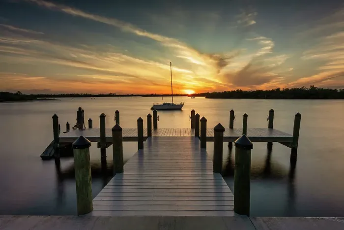 Framed Print : Sailboat & Dock at Sunset, Port Charlotte Beach Park, Florida, USA Framed Print : Sailboat & Dock at Sunset, Port Charlotte Beach Park, Florida, USA
