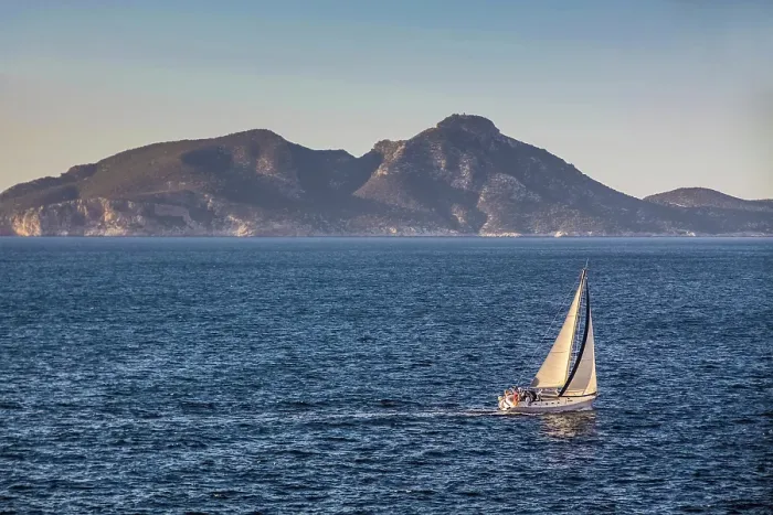 Framed Print : Sailboat in the evening light on the coast of Port d`Andratx, Mallorca, Balearic Islands, Spain