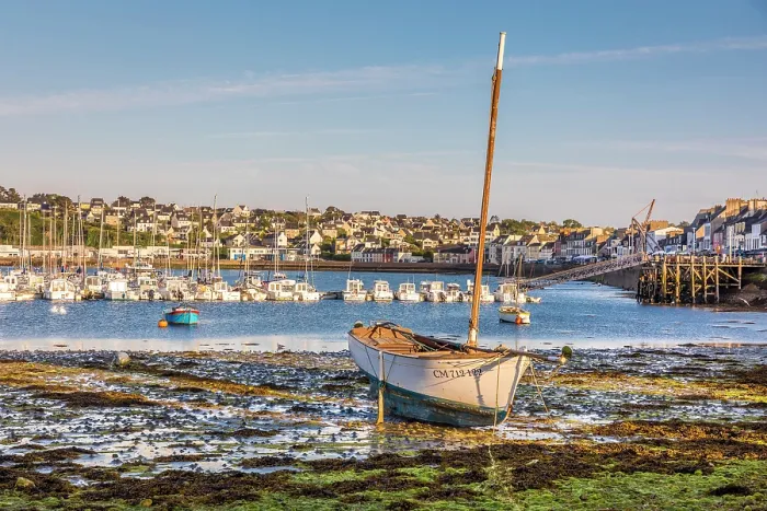 Framed Print : Sailboat at low tide in the harbor of Camaret-sur-Mer, Crozon Peninsula, Finistere, Brittany, France